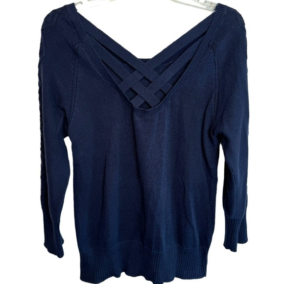 LAMade Navy Blue V-Neck Cotton Sweater Sz Small Criss Cross Back Straps - Picture 1 of 10